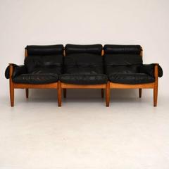 Danish Retro Leather and Oak Sofa Vintage 1960s