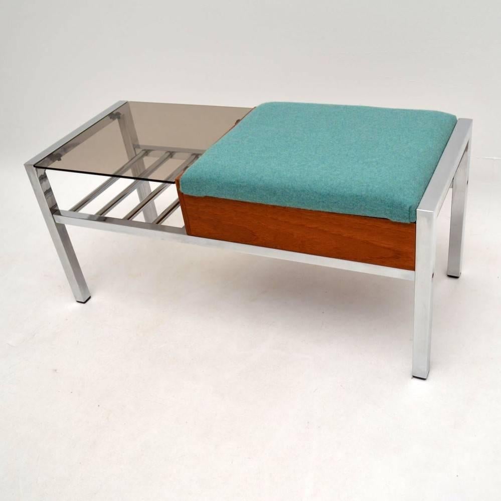 English Retro Teak and Chrome Side Table/Bench Vintage, 1960s