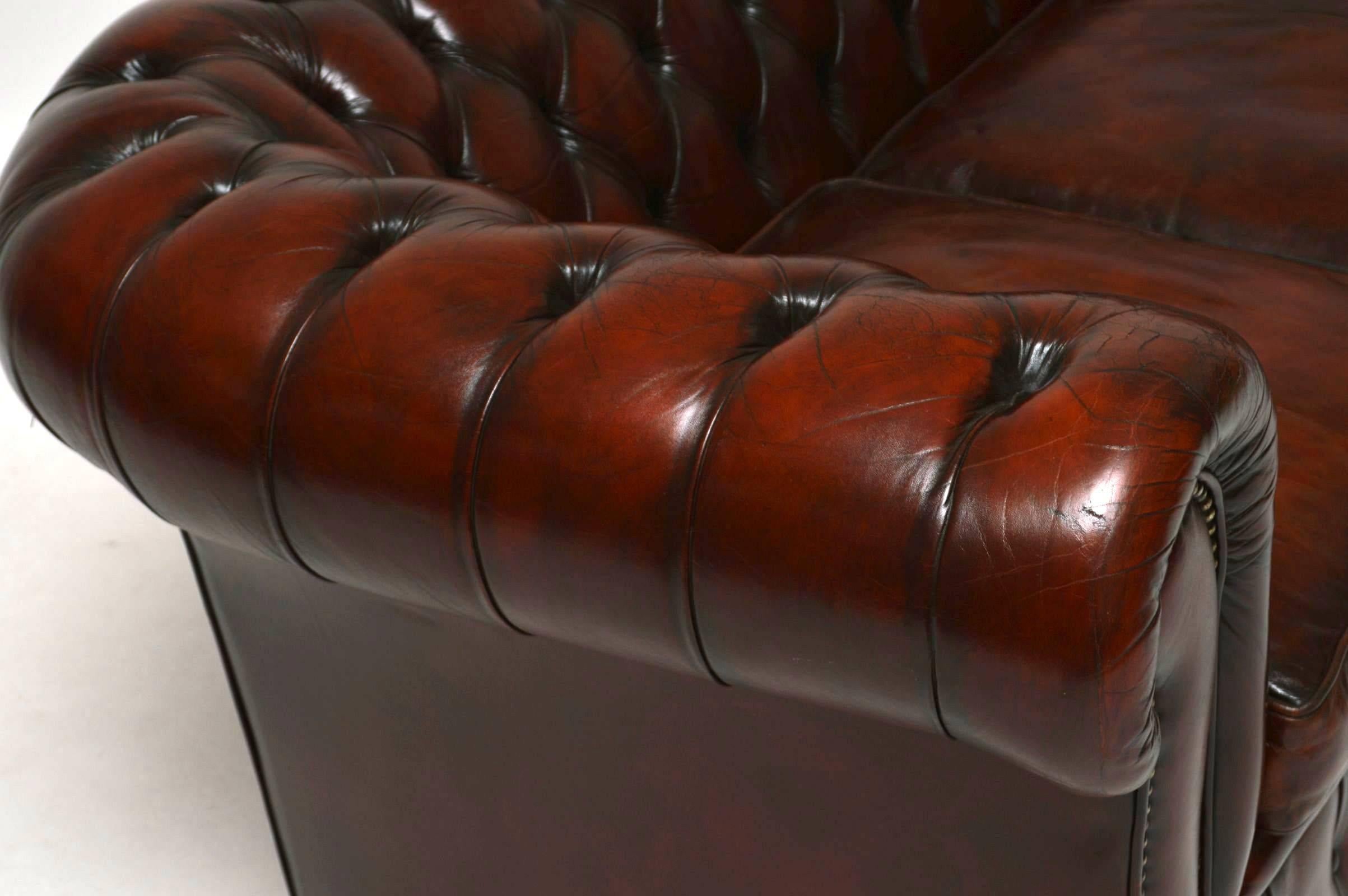 Antique leather chesterfield sofa, with a deep buttoned back and arms, feather filled cushions, hand tacked and sitting on flat bun feet. It's in excellent original condition and has just been professionally revived and hand polished. I would