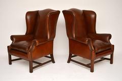 Antique Chippendale Style Leather Wing Armchairs