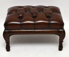Antique Deep Buttoned Leather and Mahogany Stool
