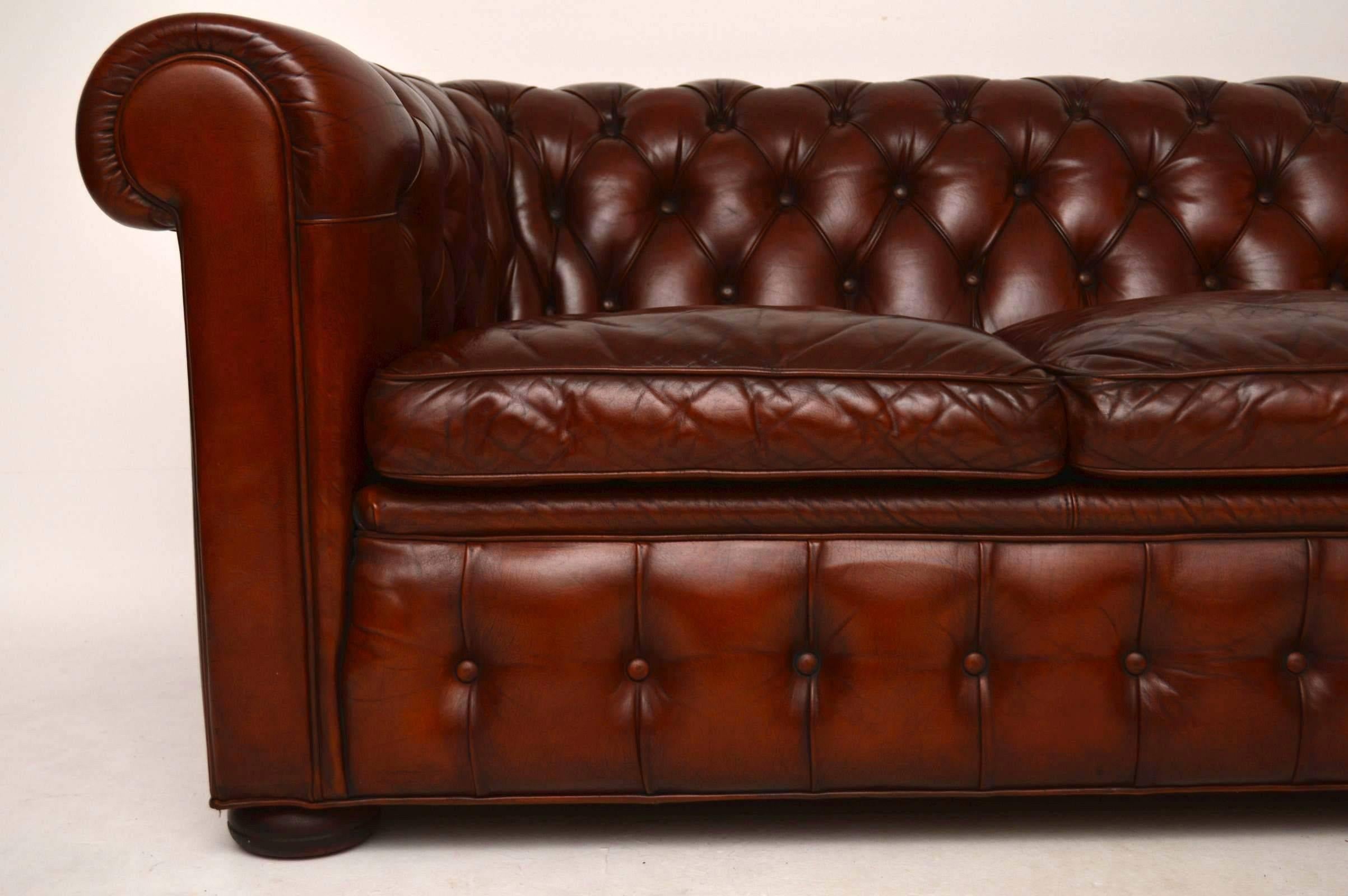 English Antique Leather Three-Seat Chesterfield Sofa