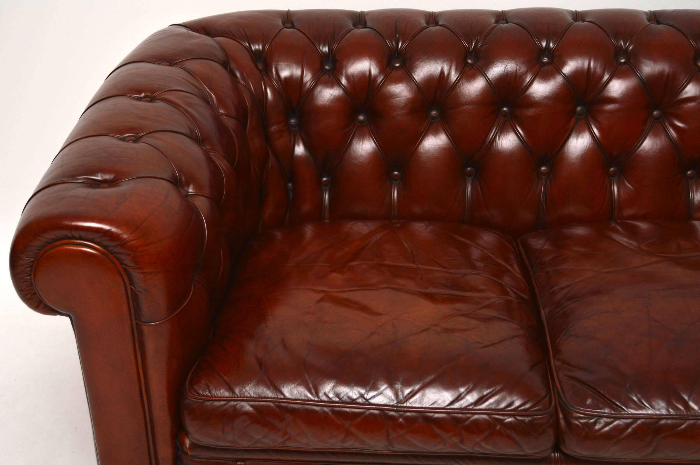 Mid-20th Century Antique Leather Three-Seat Chesterfield Sofa