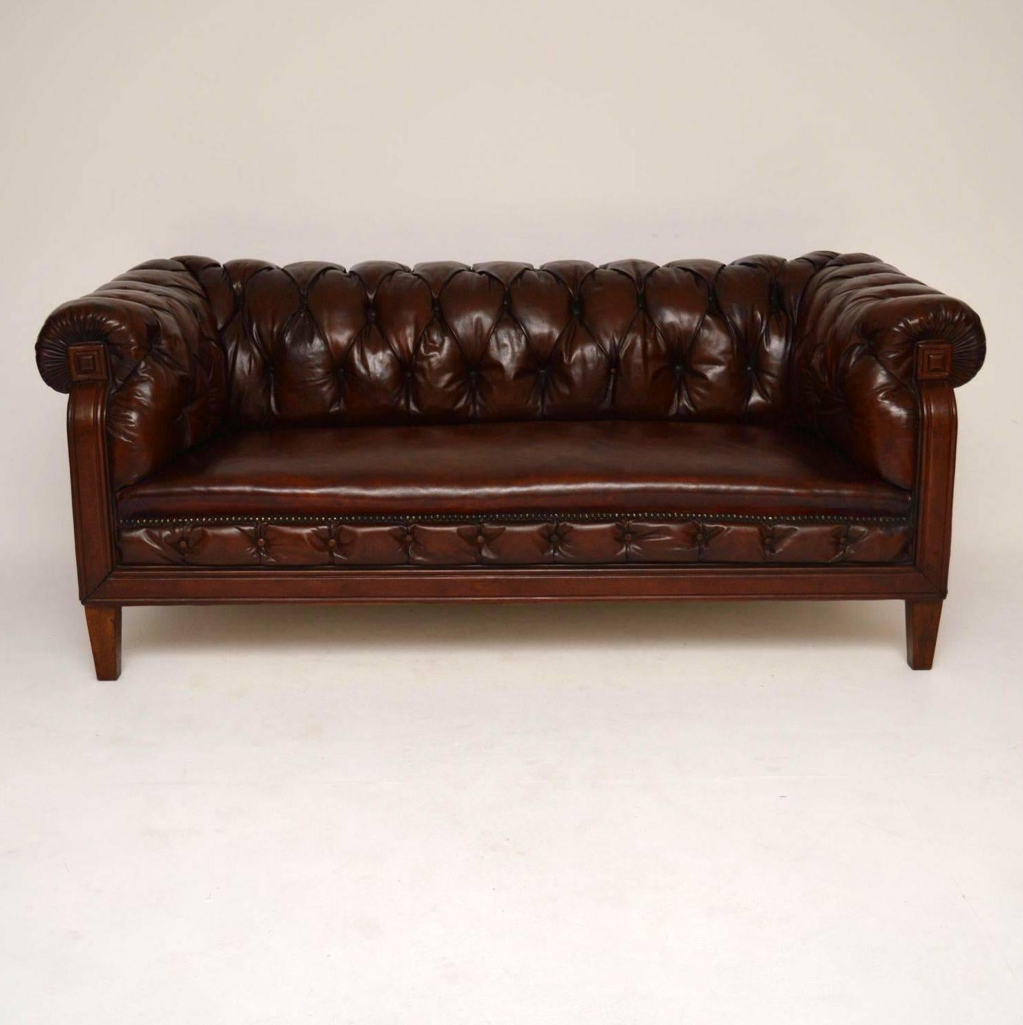 This antique Swedish leather Chesterfield sofa is very stylish & has a great look, plus it's very comfortable too. It's deep buttoned in all the right places, with some hand studding & sits on strong tapered legs. I particularly like the