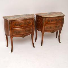Pair of Antique French Marble-Top Bombe Chests