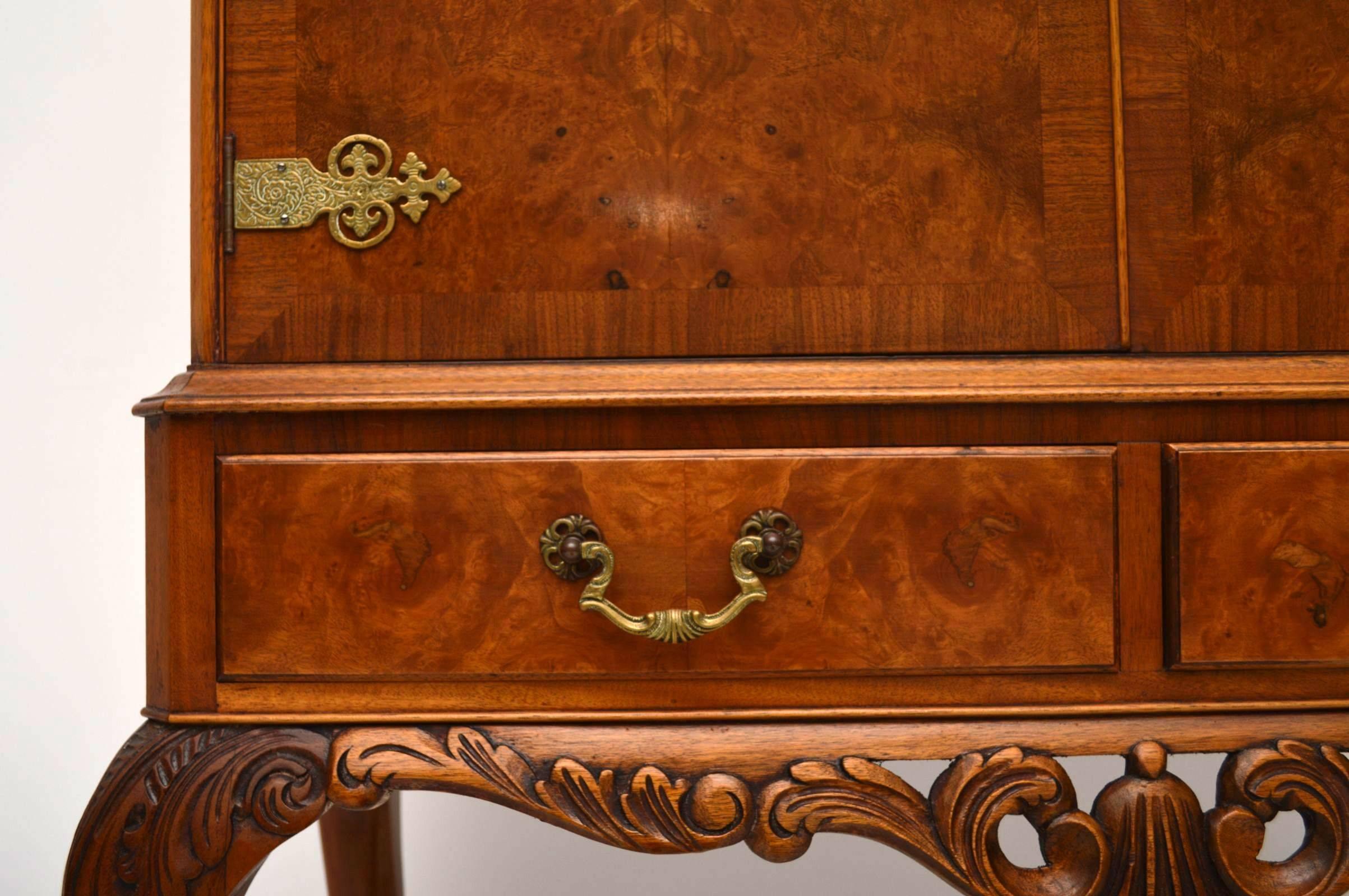 English Antique Burr Walnut Cocktail Drinks Cabinet