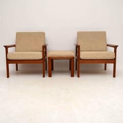 Pair of Danish Teak Retro Armchairs and Stool by Komfort Vintage, 1970s