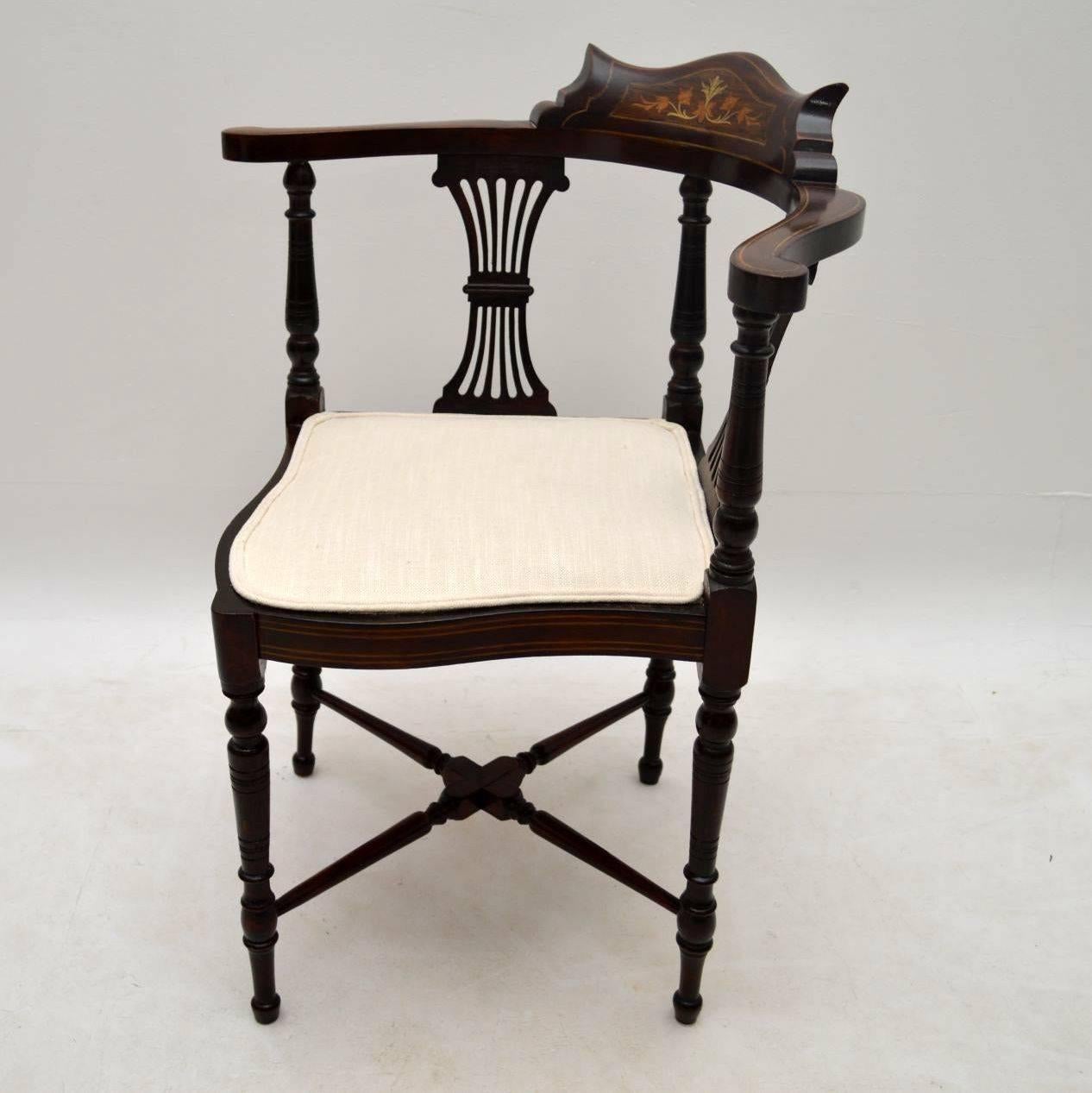 Late 19th Century Antique Edwardian Inlaid Mahogany Corner Chair