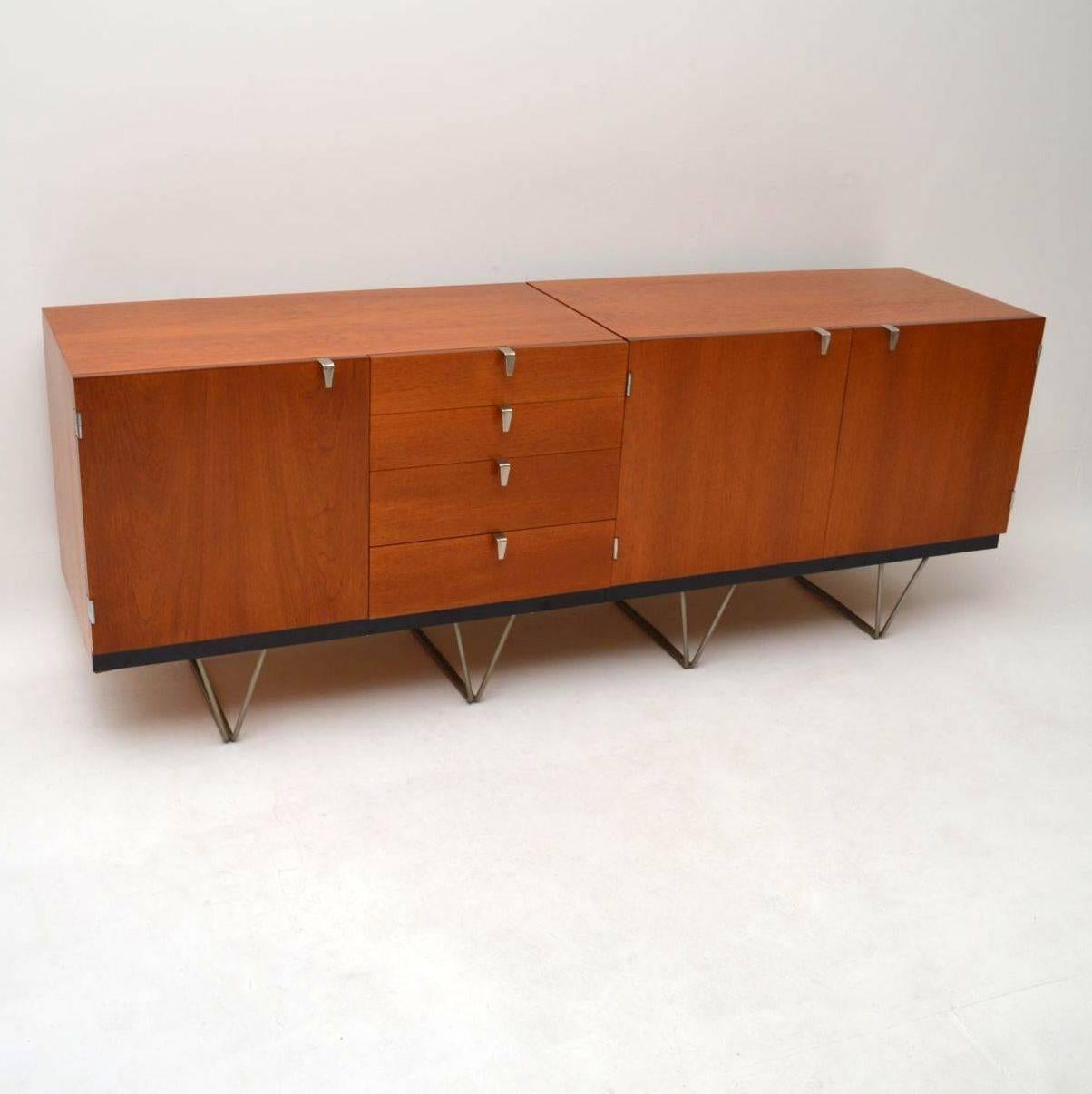 A stunning pair of teak vintage cabinets on hairpin legs, these were designed by John & Sylvia Reid for Stag Furniture’s S-range, they date from the 1950s-1960s. They can be used standing separately, or can be pushed together to make one long
