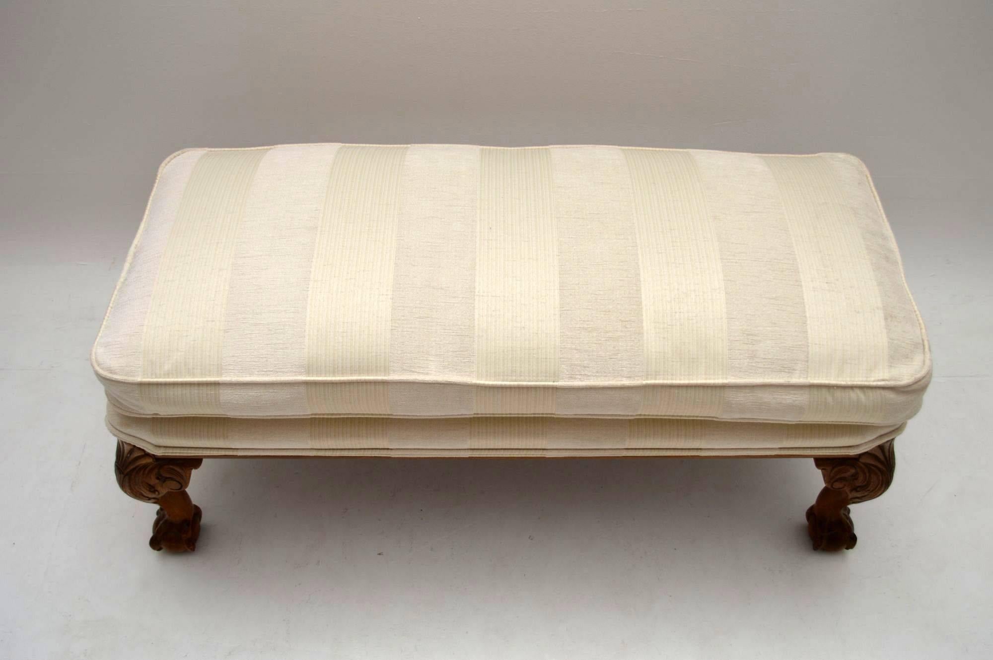 English Antique Carved Walnut Upholstered Foot Stool
