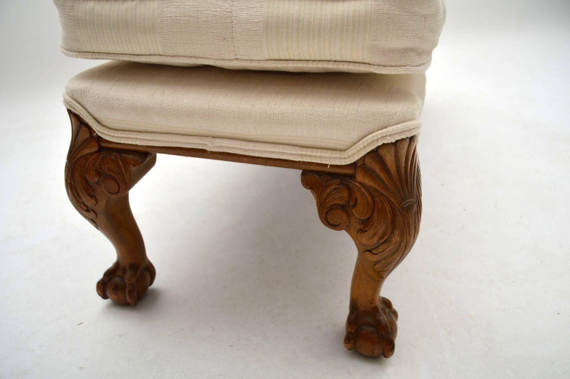 Early 20th Century Antique Carved Walnut Upholstered Foot Stool