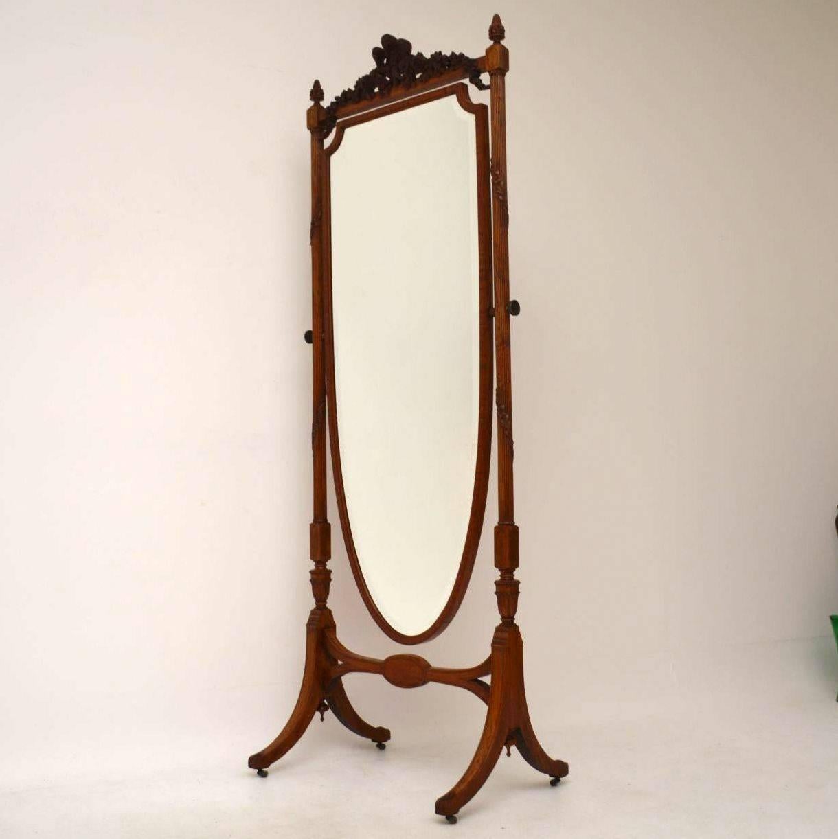 English Antique Edwardian Satin Wood Cheval Mirror