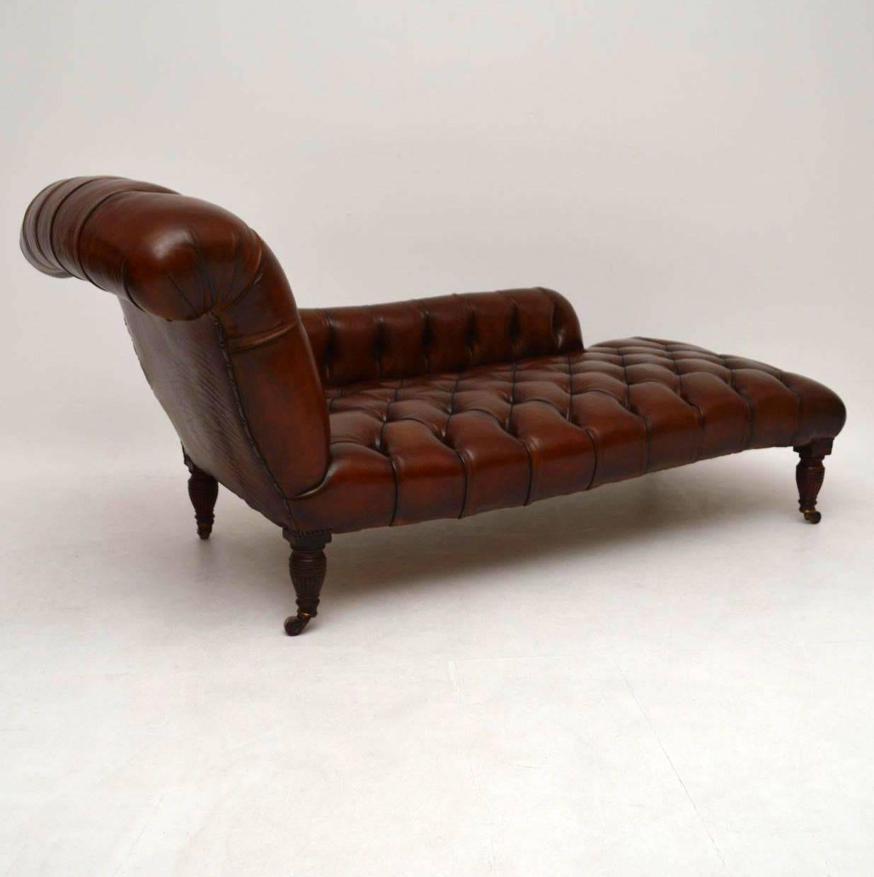 English Antique Victorian Deep Buttoned Leather Chaise Longue