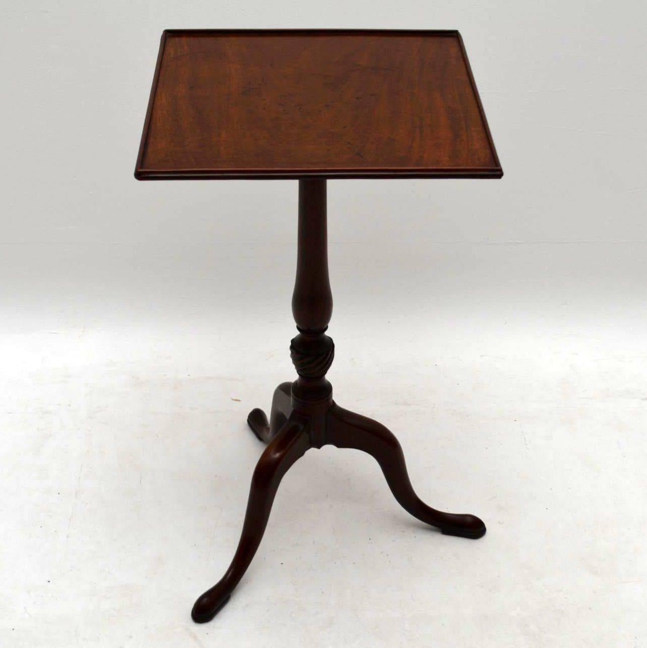 Original antique mahogany George III tripod table in good original condition and with a lovely color. It has a square top sitting on a spiral turned baluster stem with tripod legs. I believe this table dates to around the 1760-1780s period & it’s