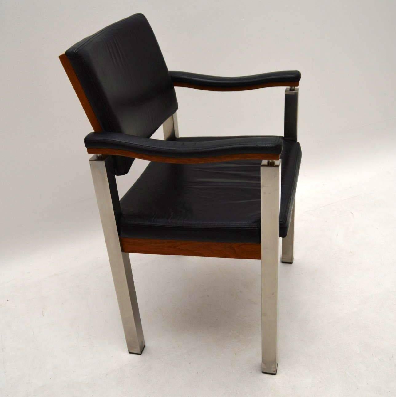 Late 20th Century Set of Six Vintage Dining Chairs in Teak, Leather and Chrome
