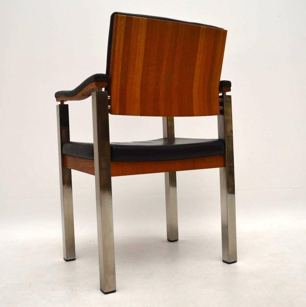 Set of Six Vintage Dining Chairs in Teak, Leather and Chrome 2