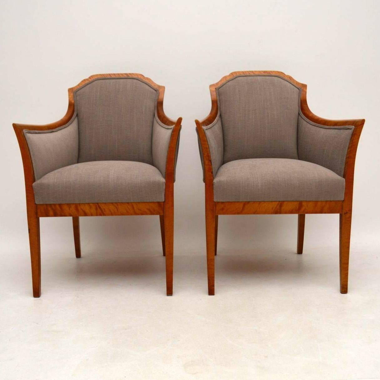 These are one of the nicest pairs of antique Swedish armchairs I’ve ever had. They are elegant & very stylish. The satin birch frames have a lovely grain and a warm color. These armchairs have just come over from Sweden, been polished and