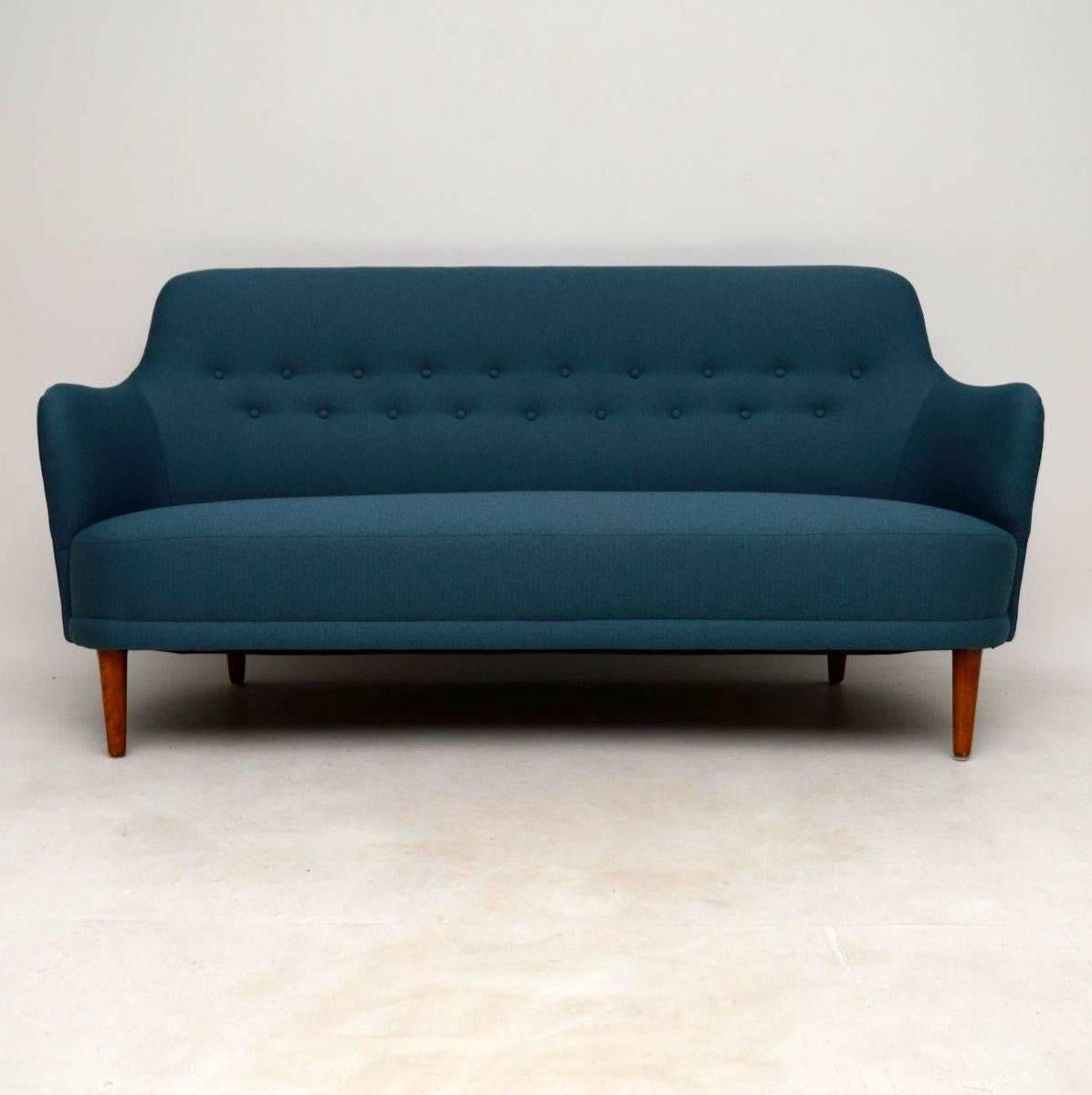 A stunning vintage Swedish sofa, this is an original ‘Samsas’ sofa, by Carl Malmsten. It was designed and made in Sweden in the 1960s. The quality is absolutely superb and it’s extremely comfortable. We have had this newly upholstered in a beautiful