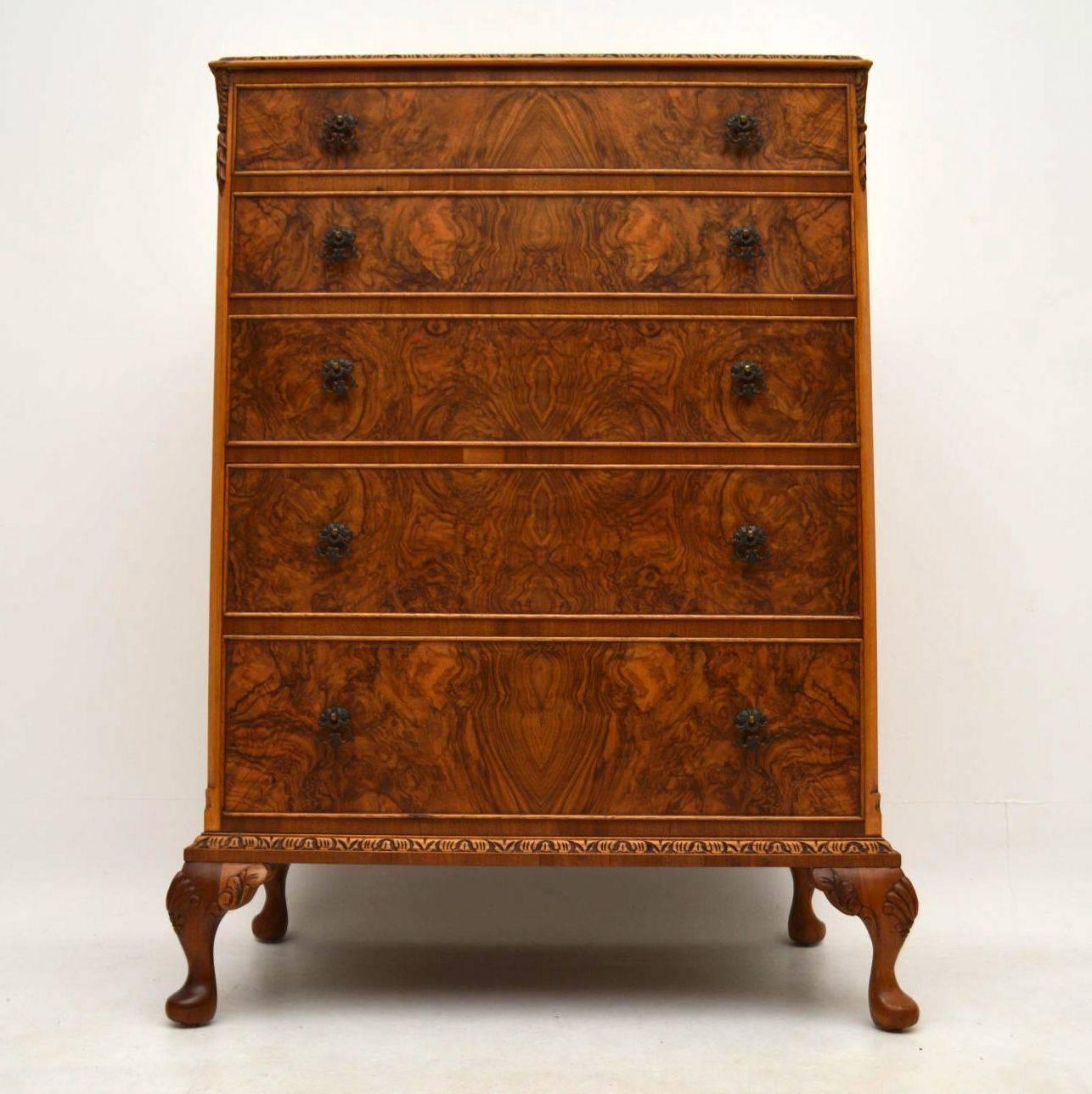 English Antique Burr Walnut Queen Anne Style Chest of Drawers