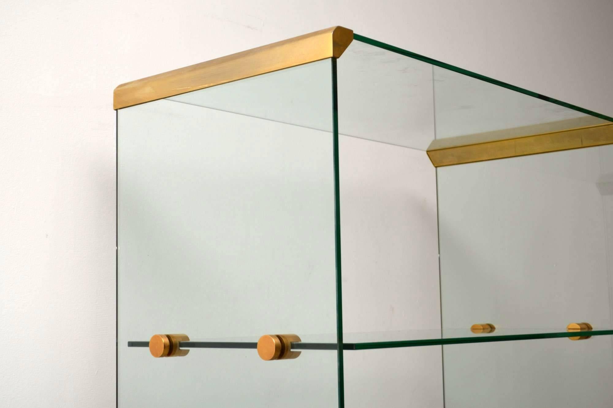 Mid-Century Modern 1970s Vintage Italian Glass and Brass Bookcase or Display Cabinet