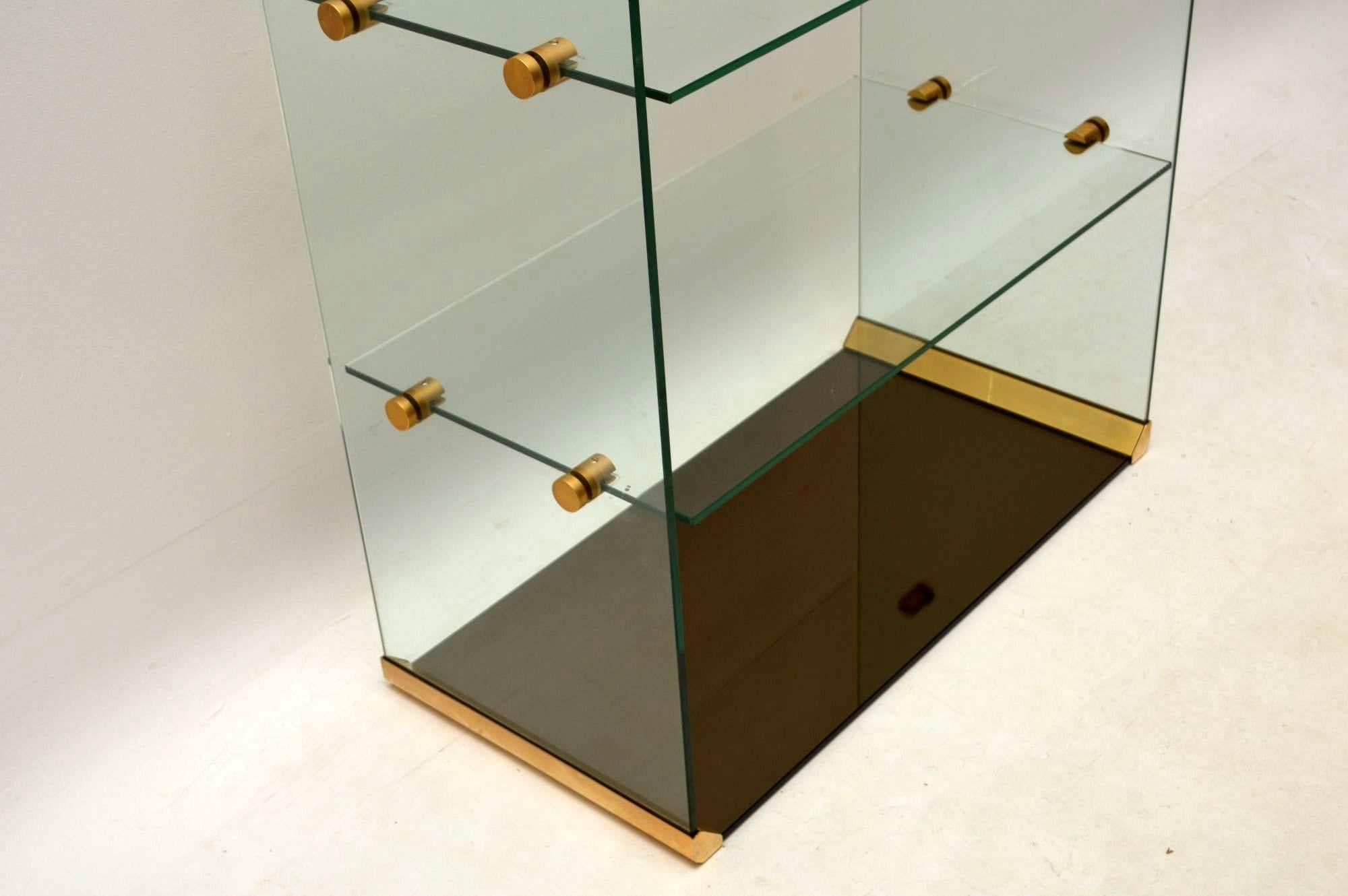 Late 20th Century 1970s Vintage Italian Glass and Brass Bookcase or Display Cabinet