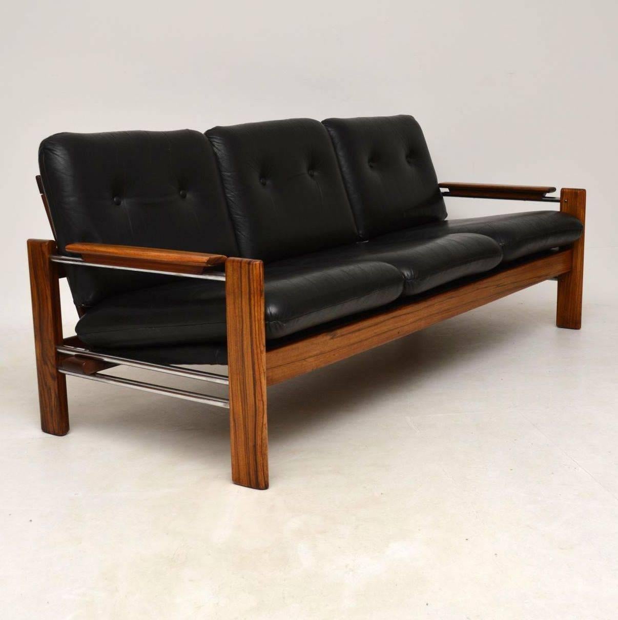 Mid-Century Modern 1960s Walnut, Leather and Chrome Vintage Sofa