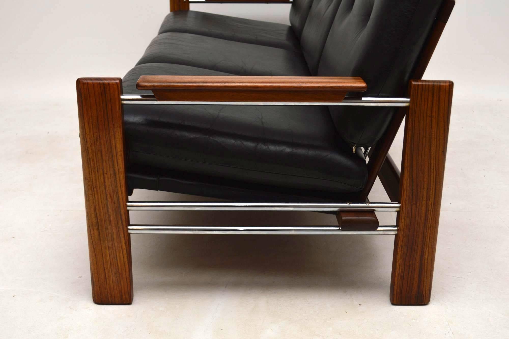 1960s Walnut, Leather and Chrome Vintage Sofa 1