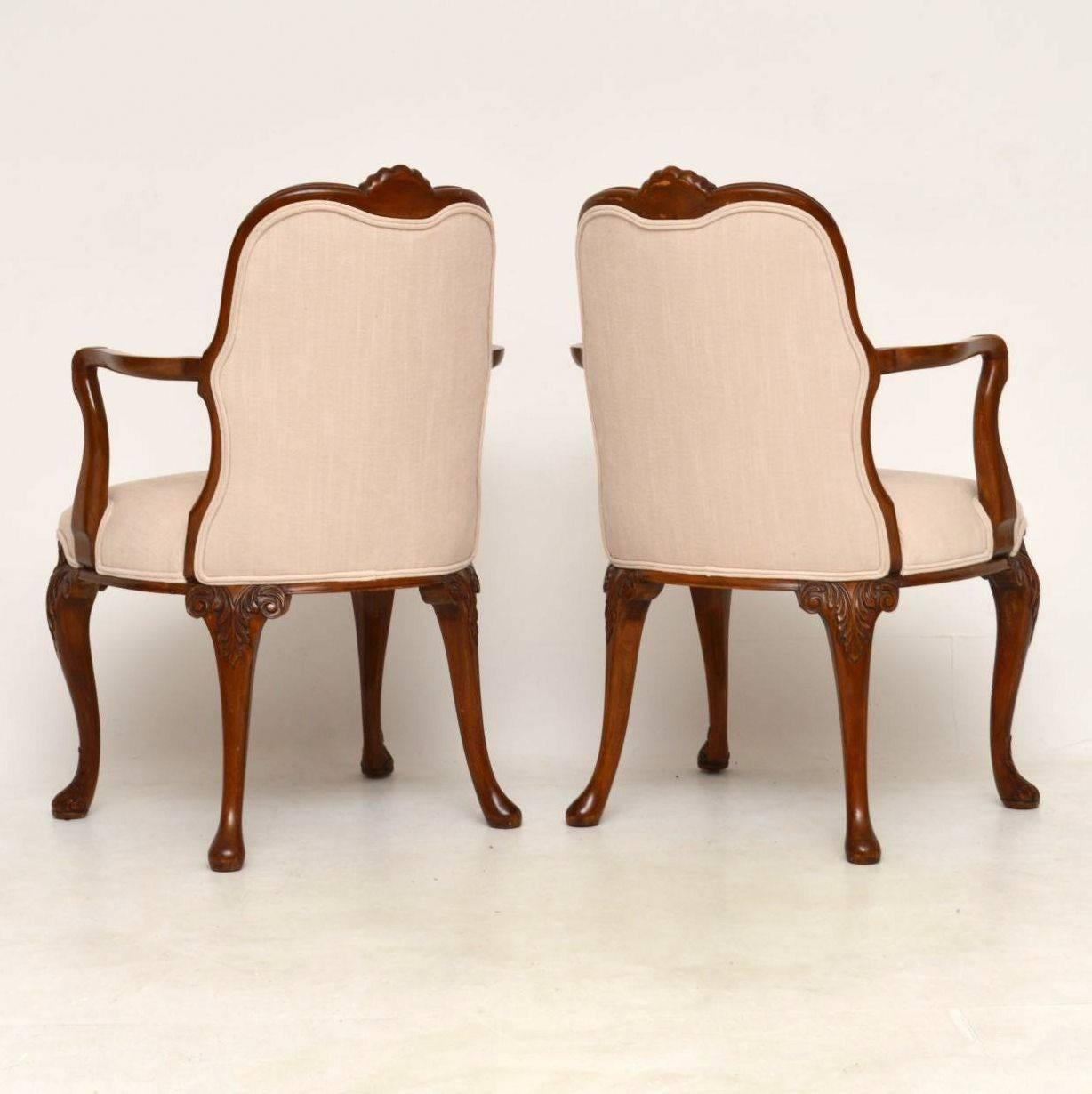 Queen Anne Pair of Antique Carved Walnut Upholstered Armchairs