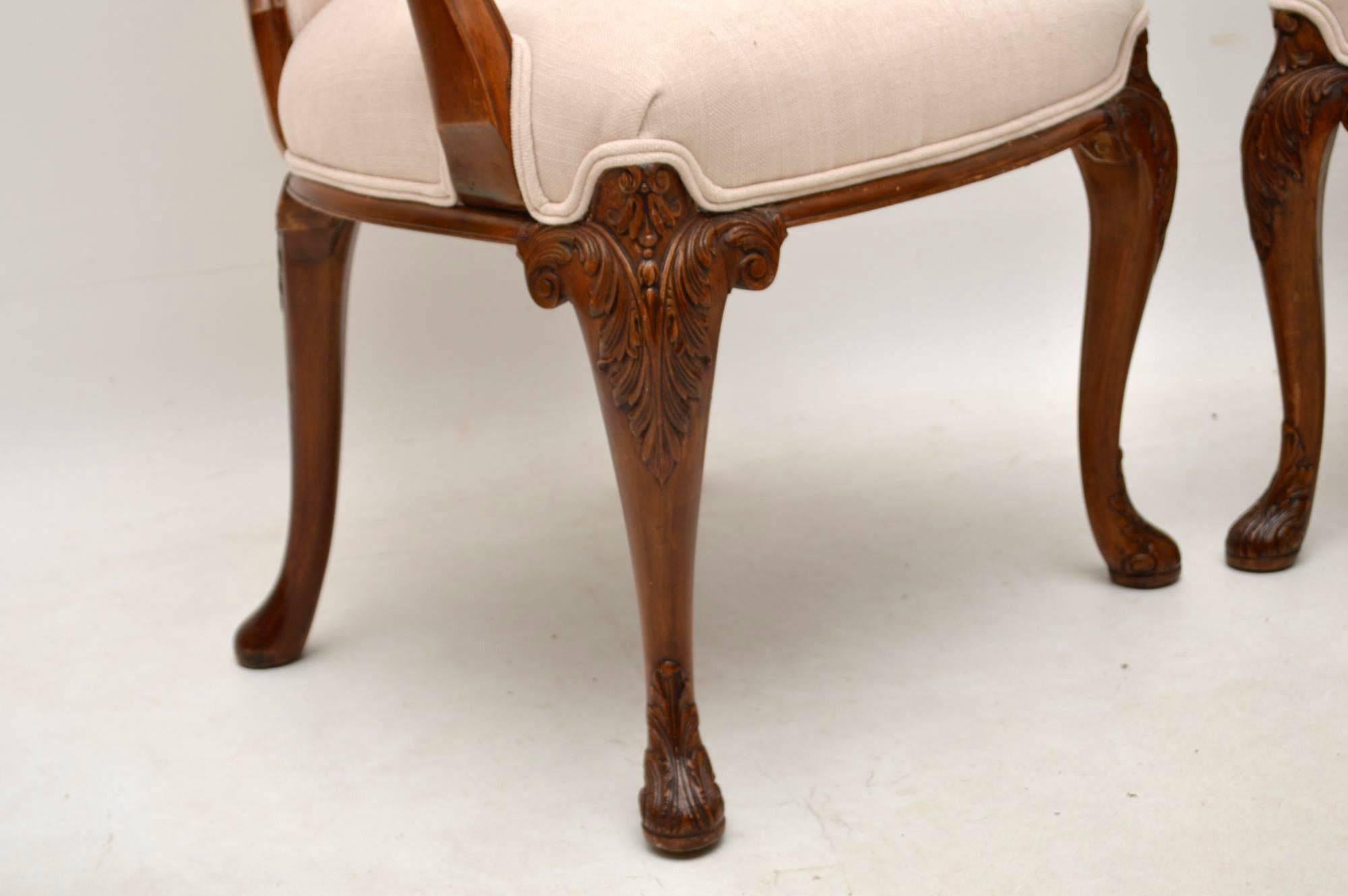 Pair of Antique Carved Walnut Upholstered Armchairs 4