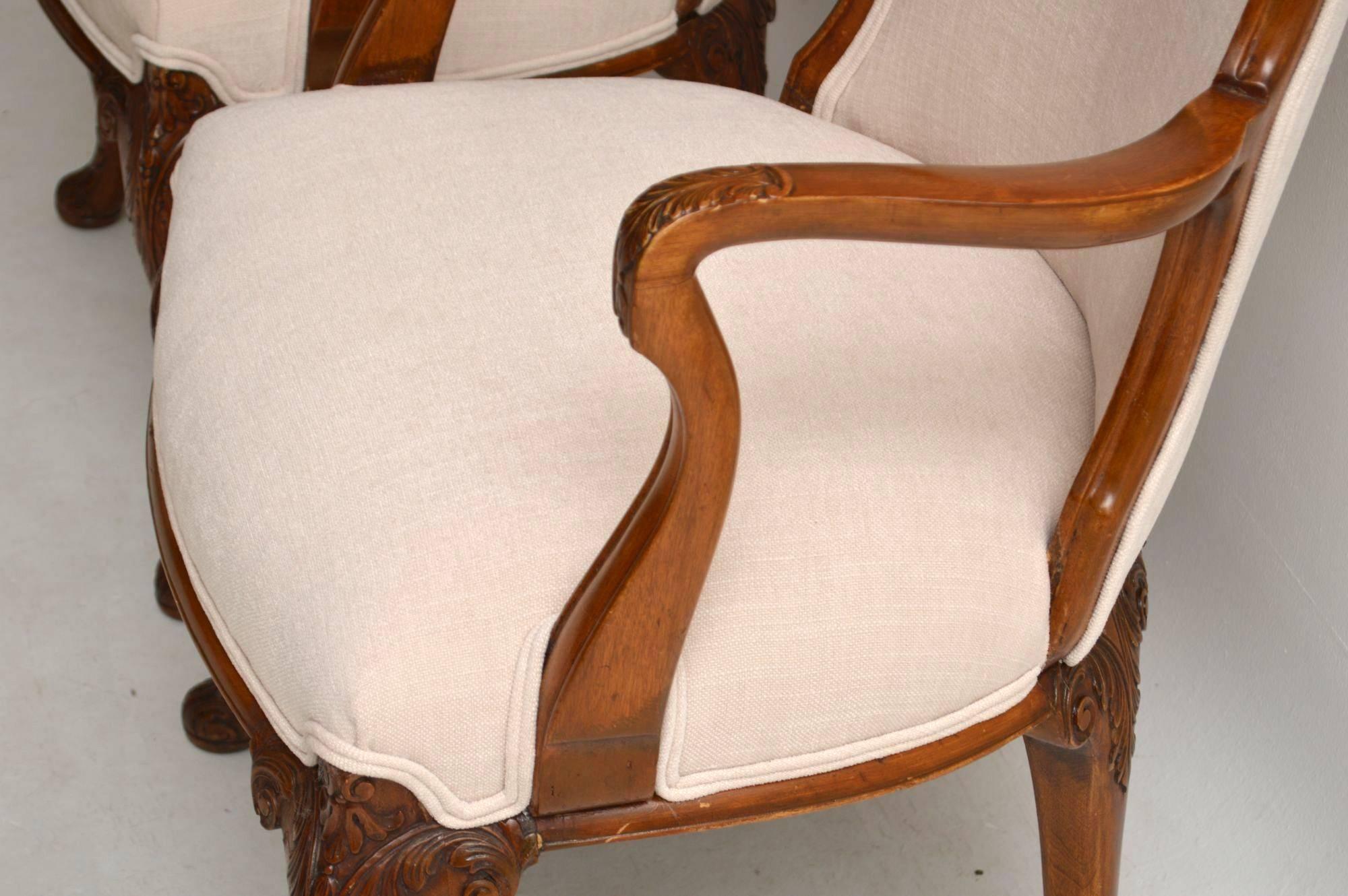 Pair of Antique Carved Walnut Upholstered Armchairs 1