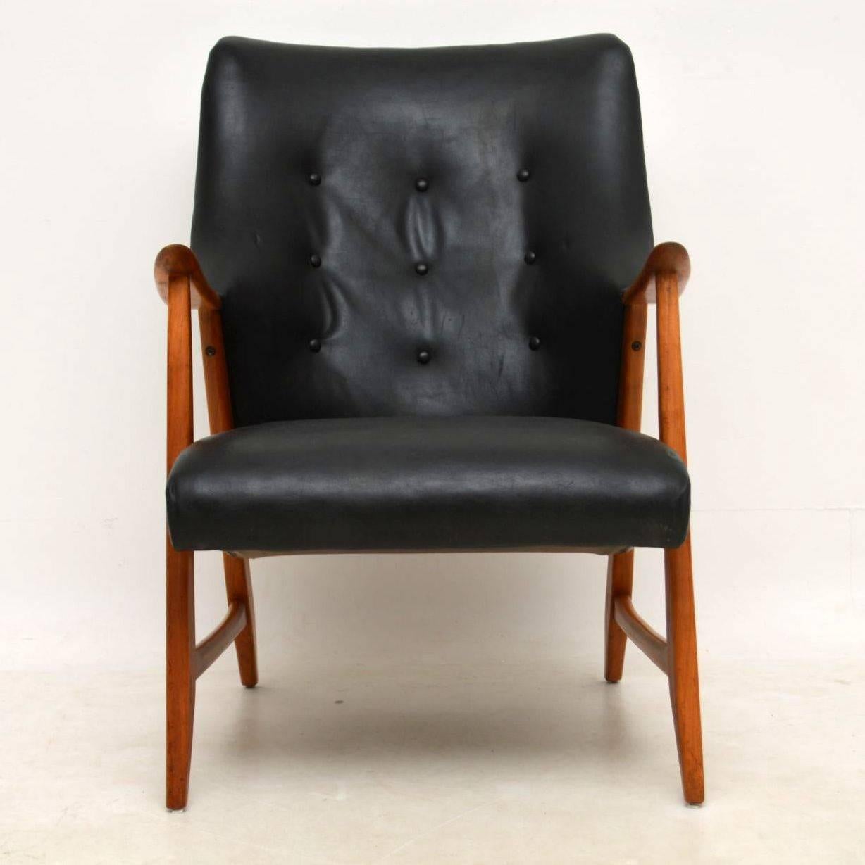 Mid-20th Century 1960s Danish Vintage Leather and Teak Armchair