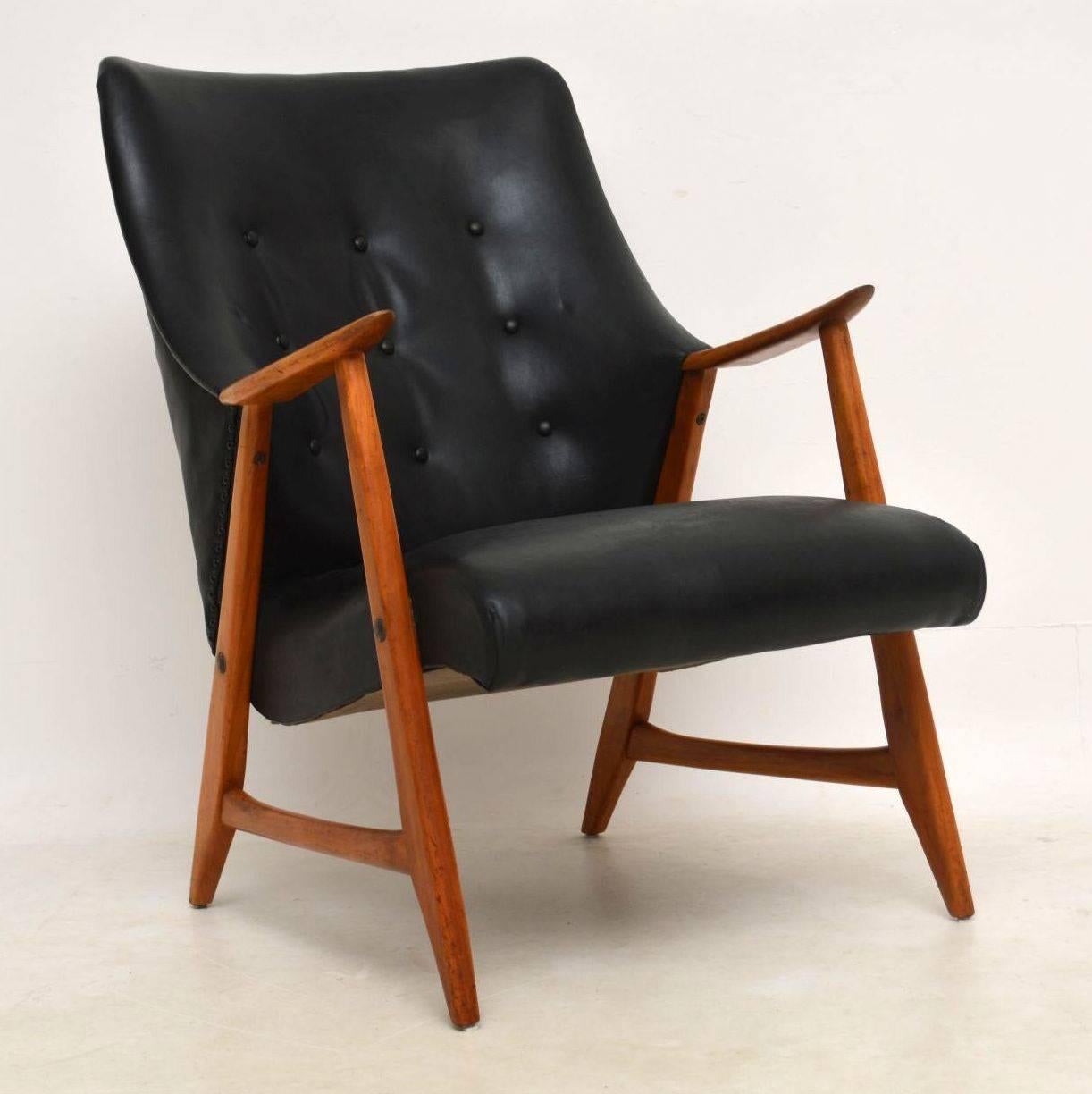 Mid-Century Modern 1960s Danish Vintage Leather and Teak Armchair