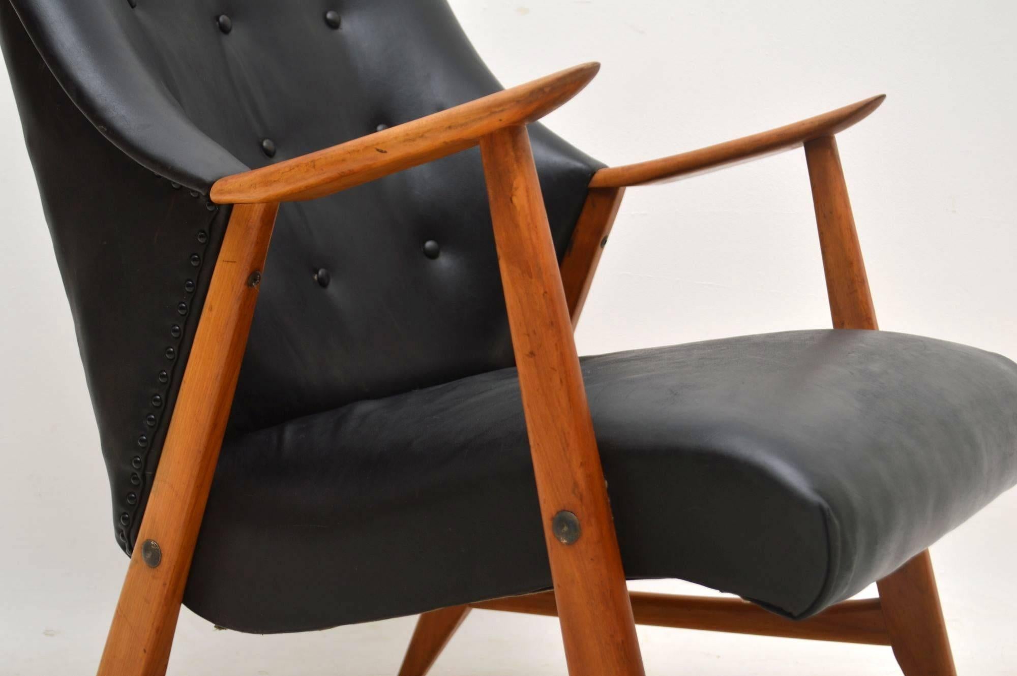 1960s Danish Vintage Leather and Teak Armchair 1