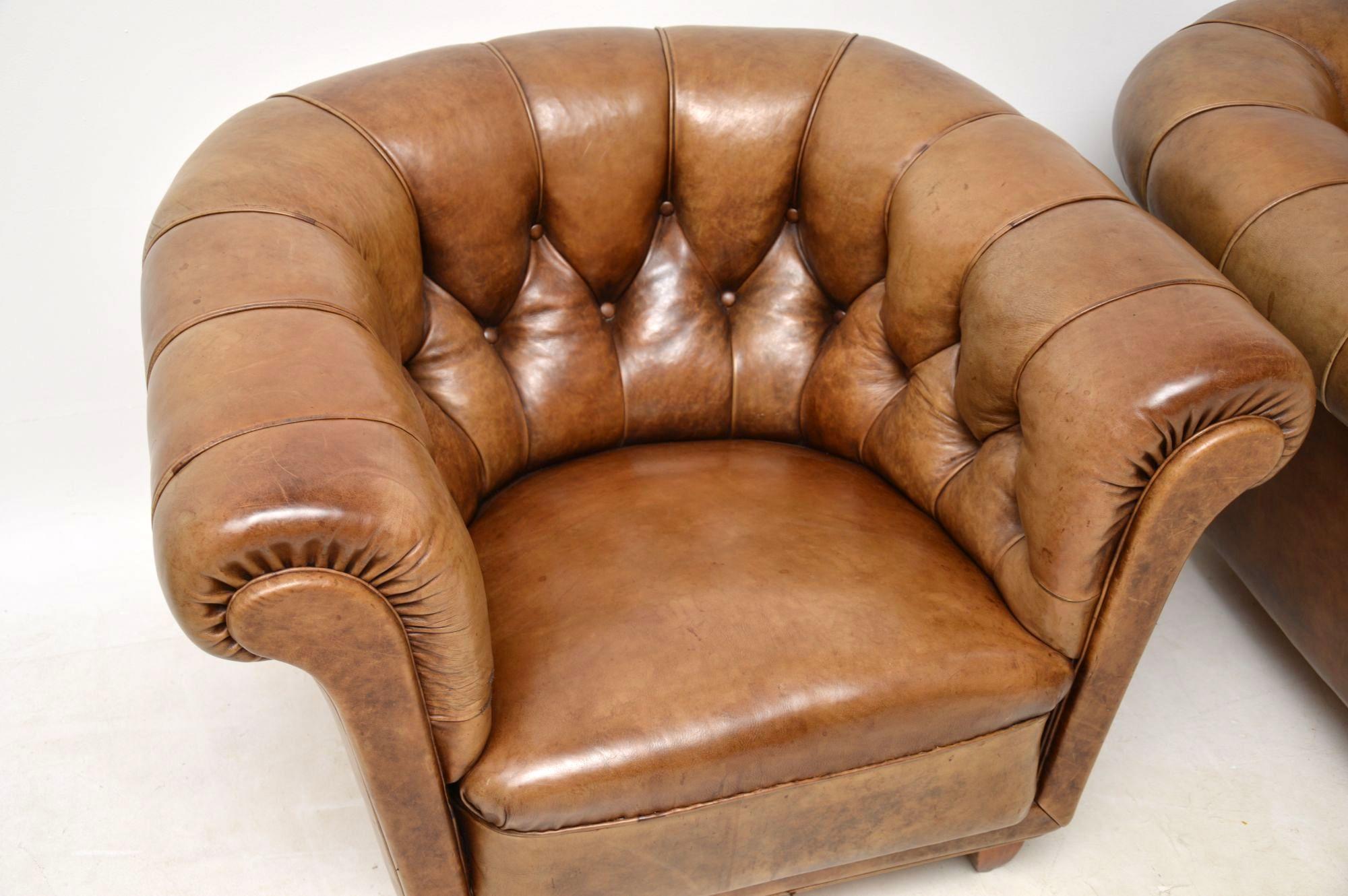 Edwardian  Pair of Antique Swedish Leather Chesterfield Armchairs