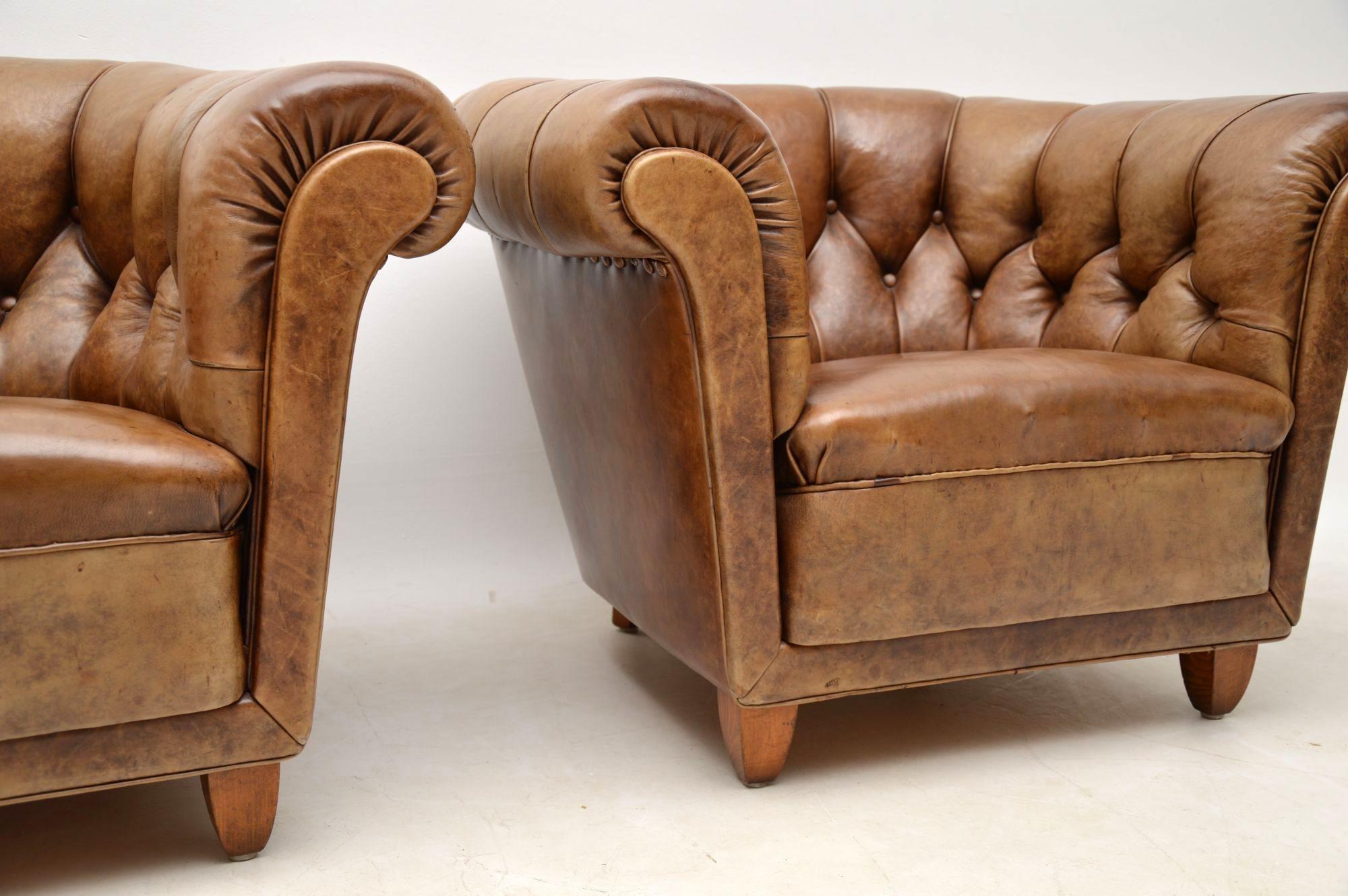  Pair of Antique Swedish Leather Chesterfield Armchairs 3