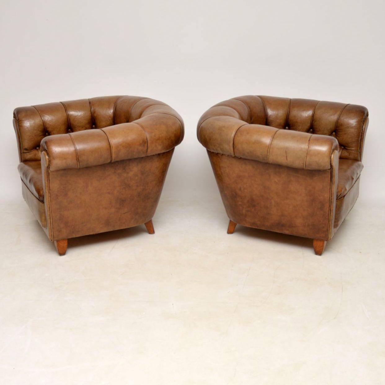  Pair of Antique Swedish Leather Chesterfield Armchairs 4