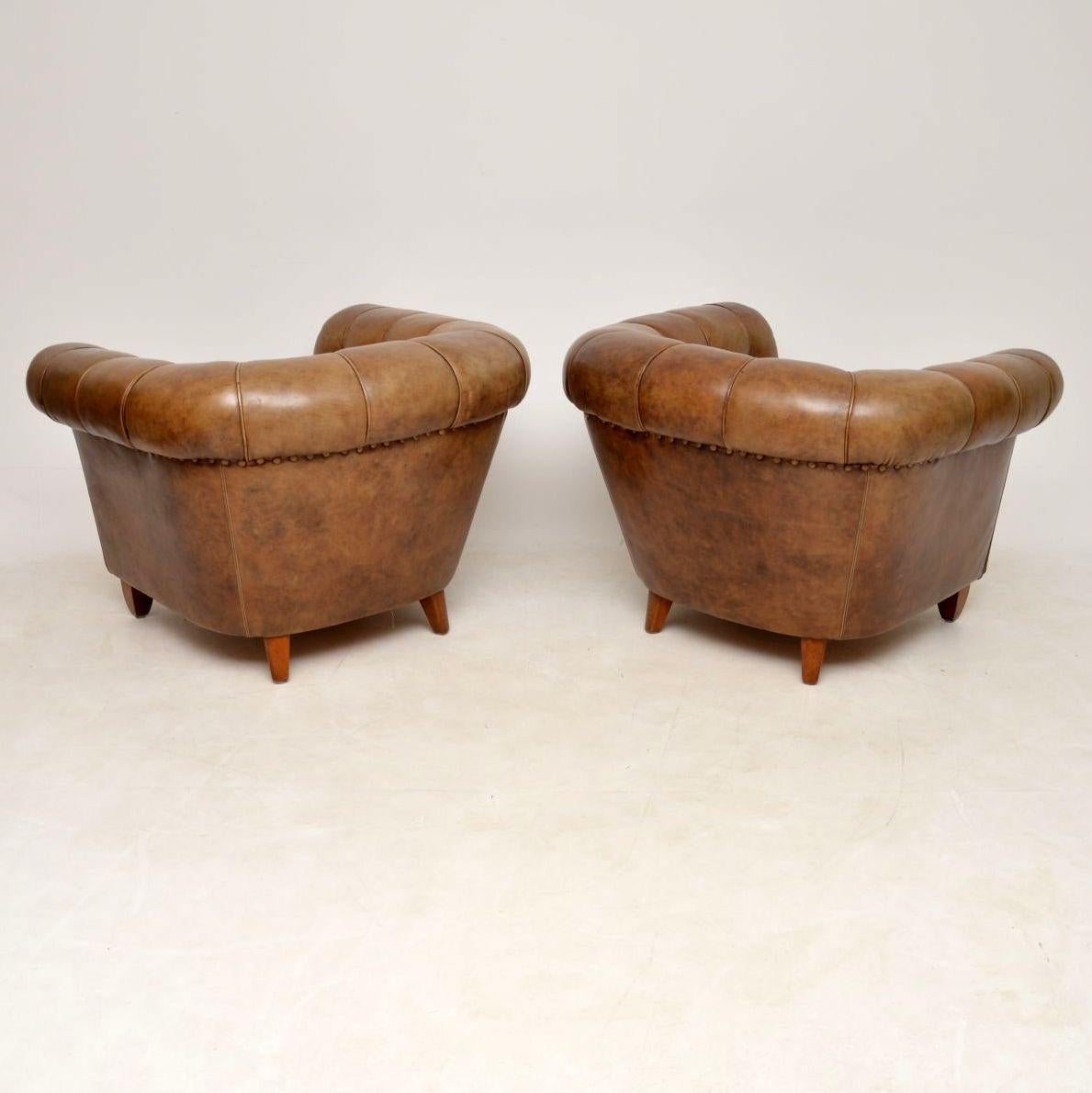  Pair of Antique Swedish Leather Chesterfield Armchairs 5