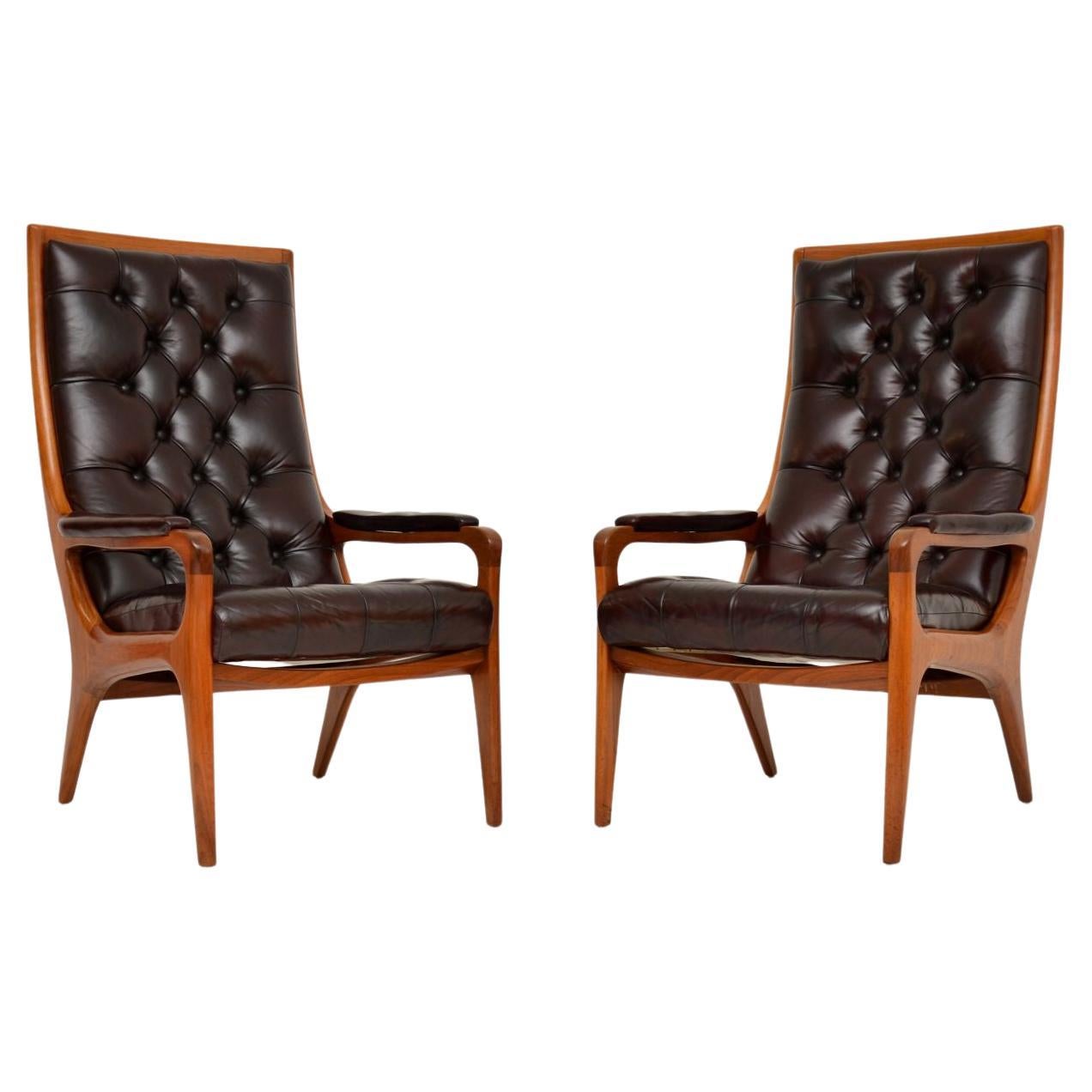 1960’s Pair of Vintage Walnut & Leather Armchairs by Howard Keith For Sale
