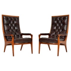 1960’s Pair of Retro Walnut & Leather Armchairs by Howard Keith