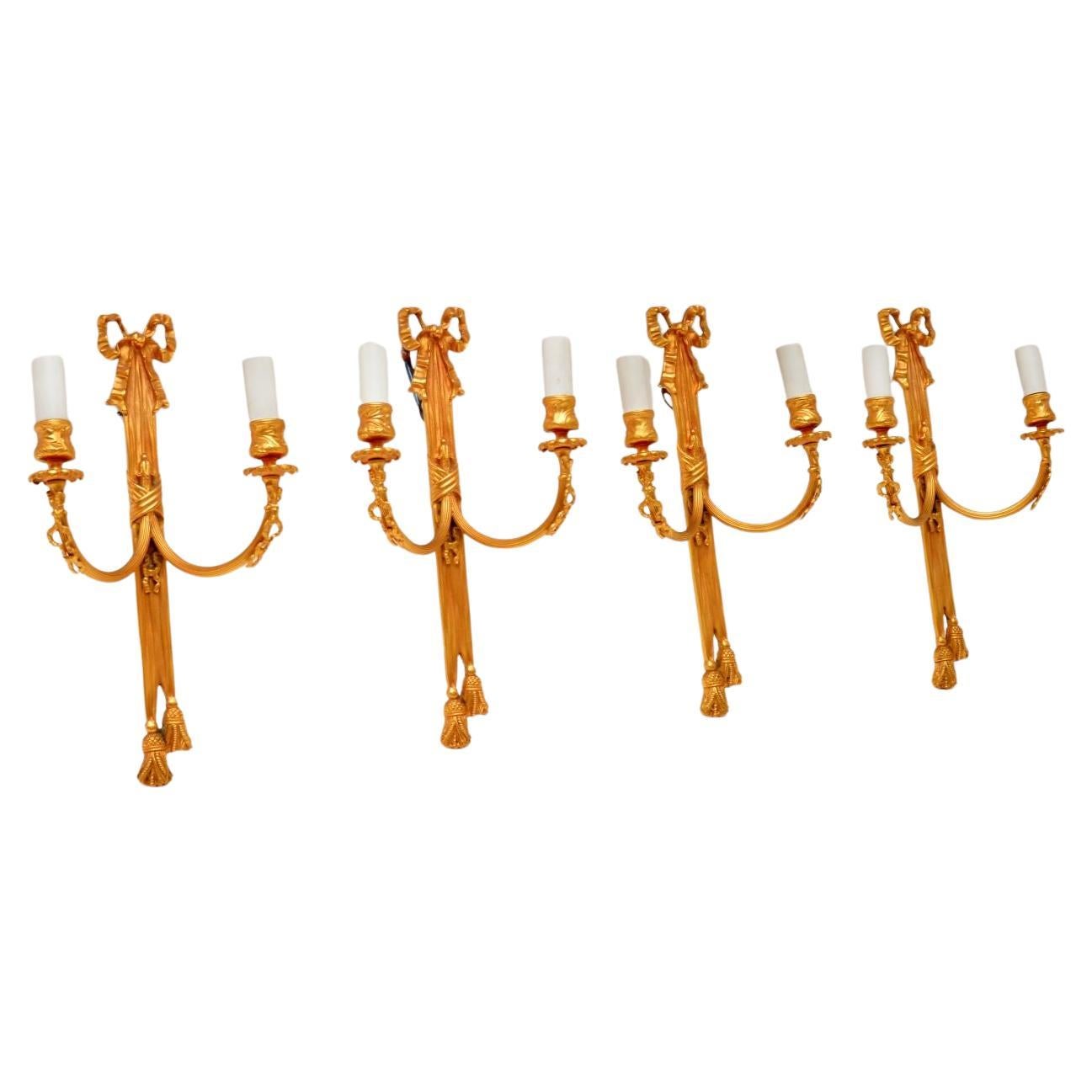 Set of Four Antique Gilt Metal Wall Sconce Lamps For Sale