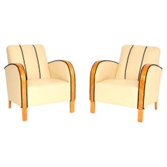 Pair of Swedish Art Deco Armchairs in Leather and Satin Birch