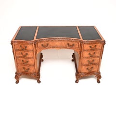 Antique Burr Walnut Leather Top Pedestal Desk