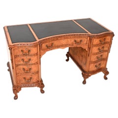 Antique Burr Walnut Leather Top Pedestal Desk