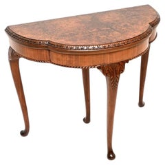 Antique Queen Anne Style Burr Walnut Card Table / Console Table