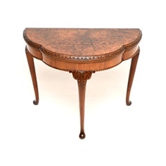 Antique Queen Anne Style Burr Walnut Card Table / Console Table