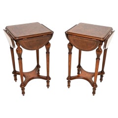 Pair of Antique Victorian Style Inlaid Walnut Drop Leaf Side Tables