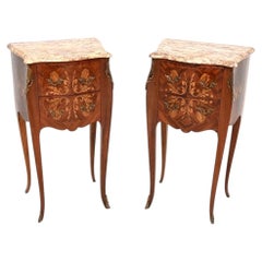 Pair of Antique French Inlaid Marble Top Bedside Chests