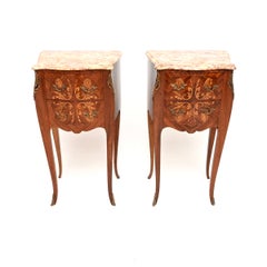 Pair of Antique French Inlaid Marble Top Bedside Chests