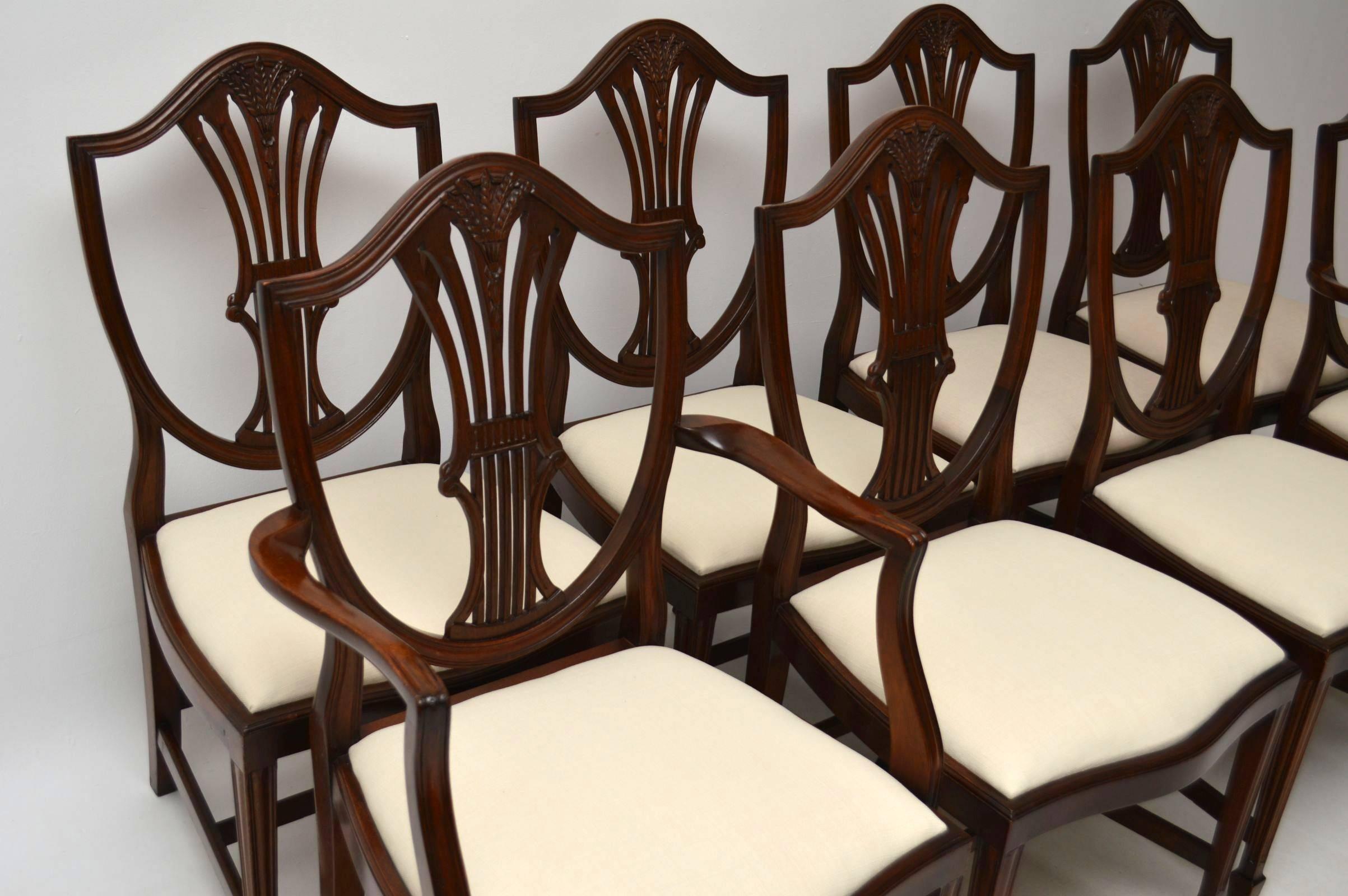 Set of eight mahogany dining chairs including two carvers, in good condition with newly upholstered drop in seats. These chairs are antique Georgian style and date from circa 1950s period. They have shield backs with wheat sheaf and other carvings.