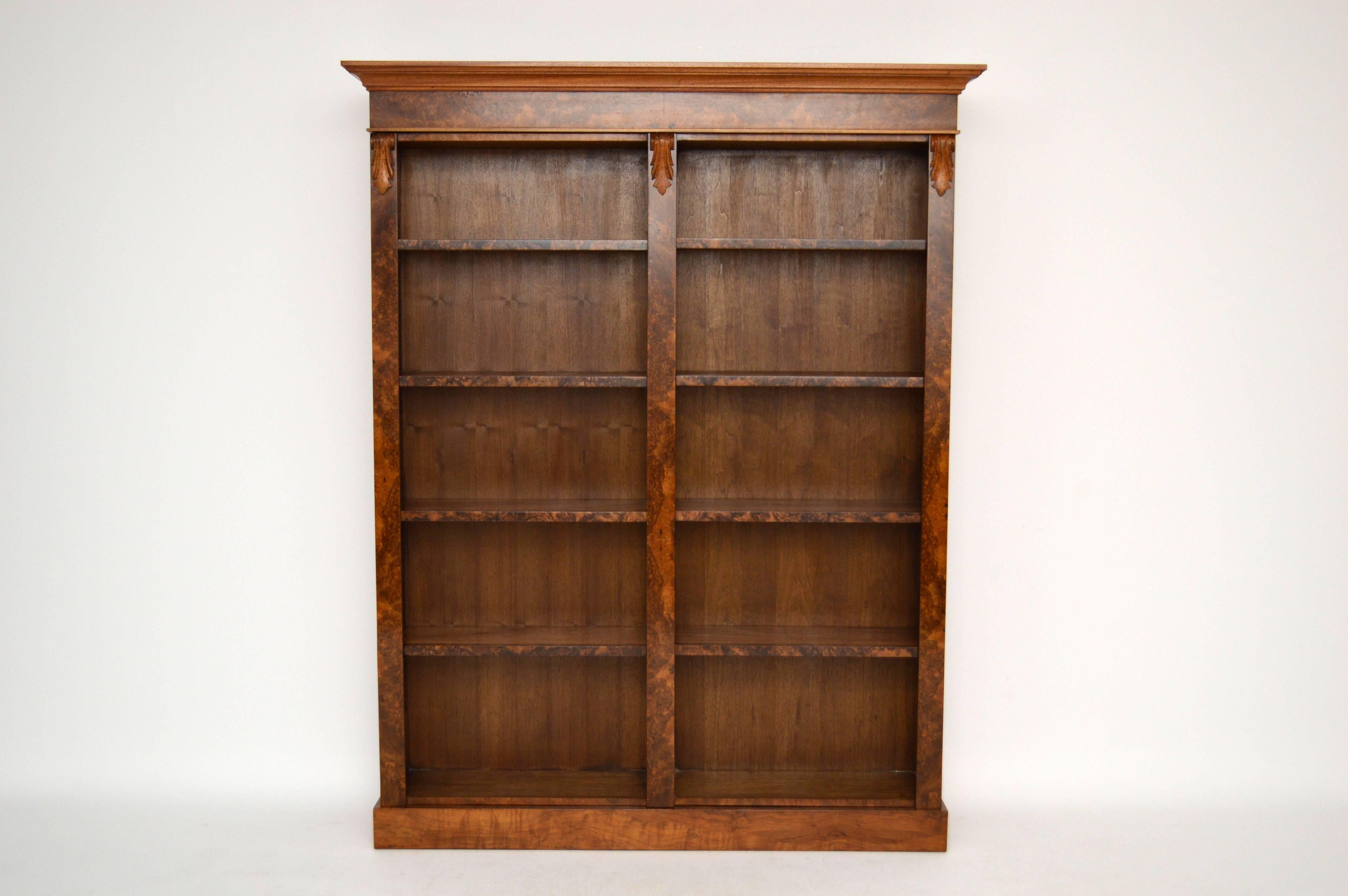 This magnificent large open bookcase has just been constructed by a master craftsman. He has used top quality European burr walnut veneers on the front and figured walnut on the sides and insides. As you probably know, we have made many of these in